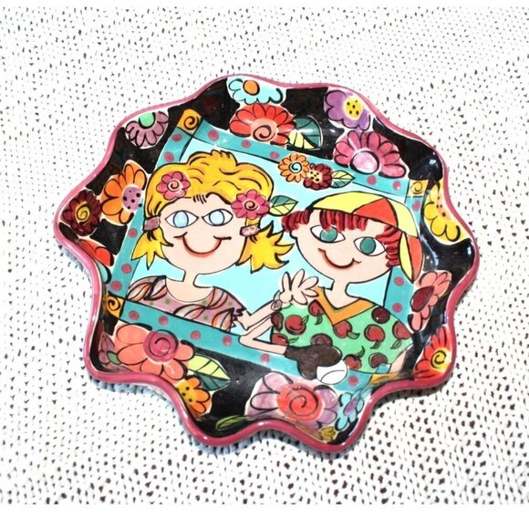 Fiona Collins Hand Painted Art Pottery WHIMSICAL Colorful PLATE Kids playing - Picture 1 of 5